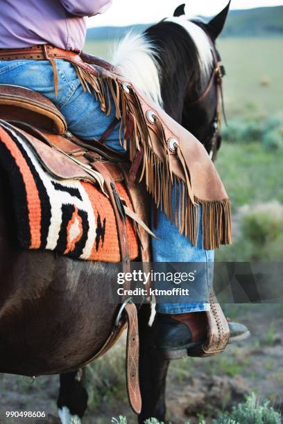 cowboy in chaps zittend op zijn paard van de verf - pinto's stockfoto's en -beelden