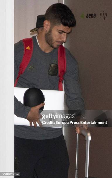 Marco Asensio arrives at Barajas Adolfo Suarez international airport on July 2, 2018 in Madrid, Spain.