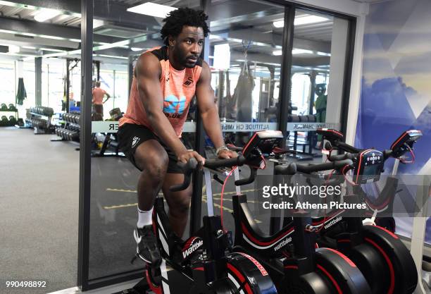 Wilfried Bony exercises in the gym during the Swansea City Players Return to Pre-Season Training at The Fairwood Training Ground on July 02, 2018 in...