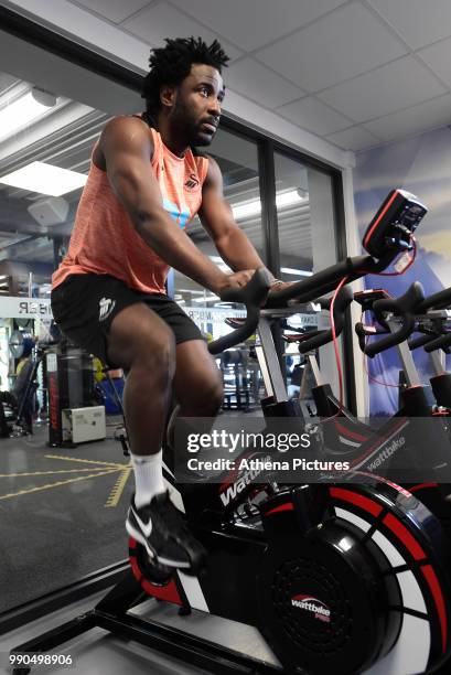 Wilfried Bony exercises in the gym during the Swansea City Players Return to Pre-Season Training at The Fairwood Training Ground on July 02, 2018 in...