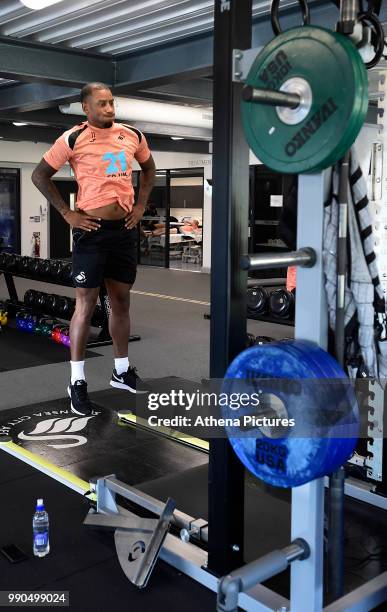 Luciano Narsingh exercises in the gym during the Swansea City Players Return to Pre-Season Training at The Fairwood Training Ground on July 02, 2018...