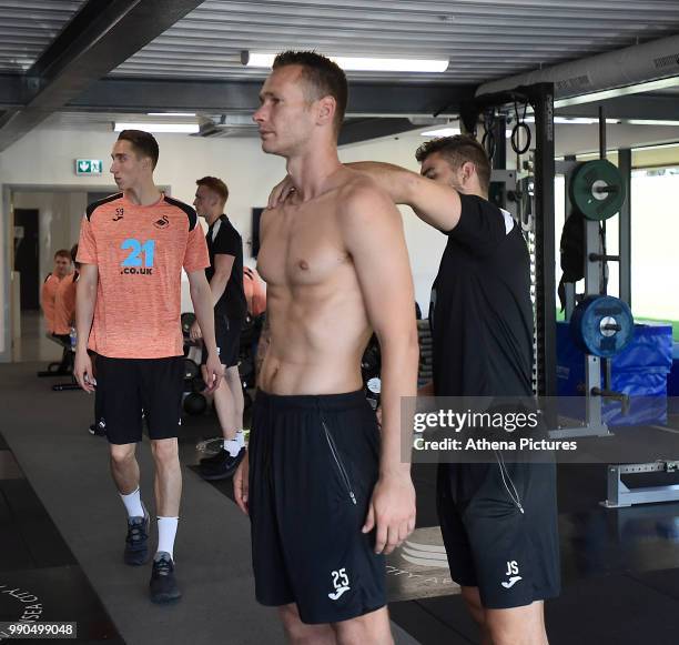 Kristoffer Nordfeldt is measured during the Swansea City Players Return to Pre-Season Training at The Fairwood Training Ground on July 02, 2018 in...