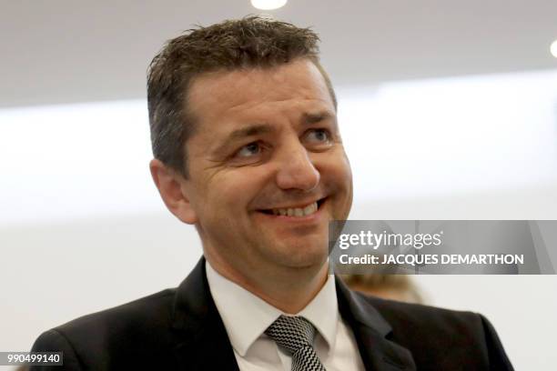 Mayor or Saint-Etienne Gael Perdriau smiles during a press conference on July 3, 2018 at the Assembly of the Departments of France headquarters in...
