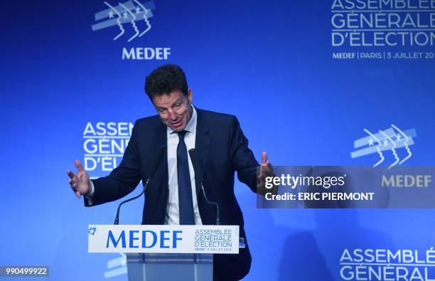 New President of French employers' association Medef Geoffroy Roux de Bezieux speaks during Medef general meeting to elect the new president on July...