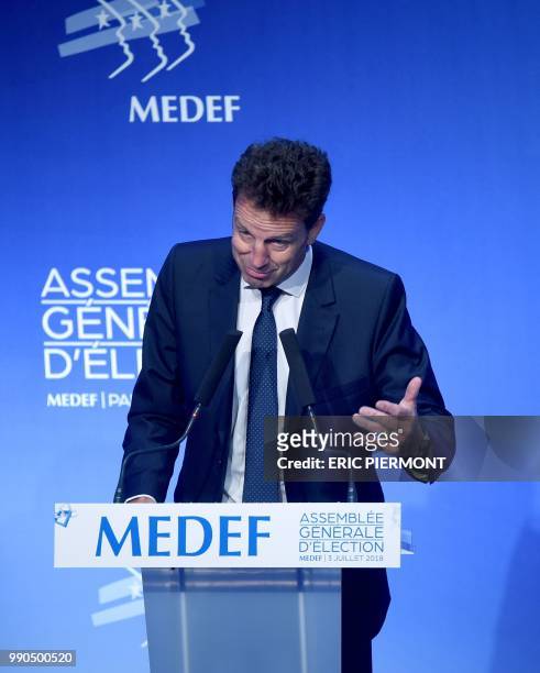 New President of French employers' association Medef Geoffroy Roux de Bezieux speaks during Medef general meeting to elect the new president on July...