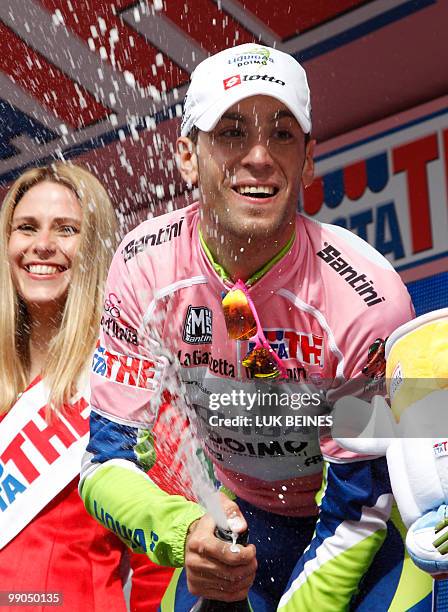 Italia's Vincenzo Nibali of the Liquigas-Doimo team celebrates after winning the fourth stage of the 93rd Giro d'Italia, in Cuneo on May 12, 2010....