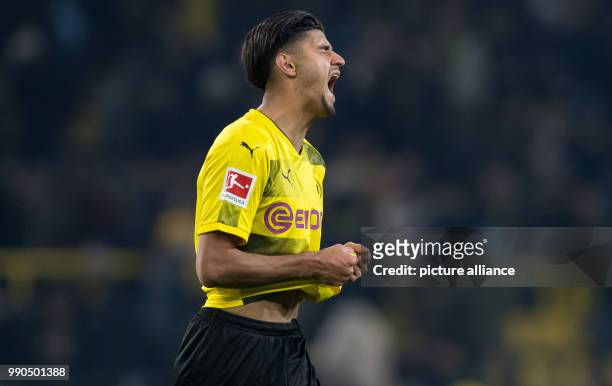 Dortmund's Mahmoud Dahoud shouts out in frustration after the German Bundesliga football match between Borussia Dortmund and VfL Wolfsburg at the...