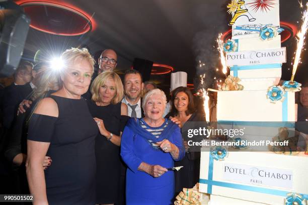 Muriel Robin, Brigitte Macron, Pascal Obispo, Dany Boon, Line Renaud and Anne Hidalgo attend Line Renaud's 90th Anniversary on July 2, 2018 in Paris,...