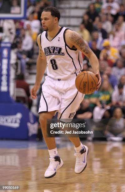 Deron Williams of the Utah Jazz in action against the Los Angeles Lakers during Game Four of the Western Conference Semifinals of the 2010 NBA...