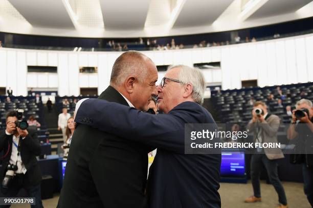 Bulgarian Prime Minister Boiko Borisov is welcomed by European Commission President Jean-Claude Juncker prior a review of the Bulgarian Council...