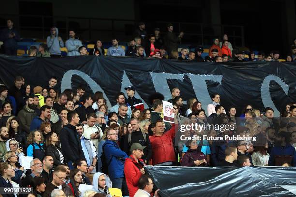 Activists occupy the stands during the Oleh, Ukraina z toboiu! action held in support of Ukrainian filmmaker Oleh Sentsov who is serving an illegal...