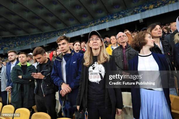 Acting Minister of Health of Ukraine Ulana Suprun is seen in the stands during the Oleh, Ukraina z toboiu! action held in support of Ukrainian...