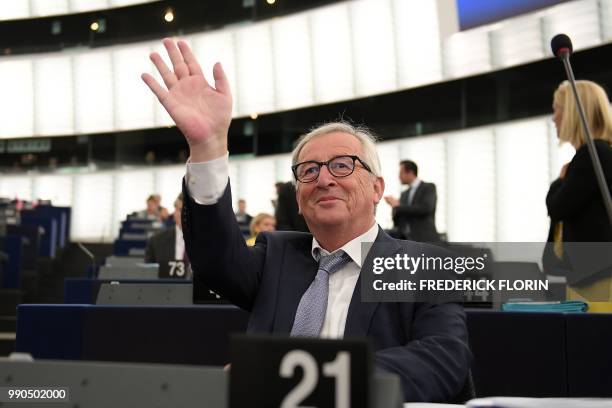 European Commission President Jean-Claude Juncker gestures prior a review of the Bulgarian Council Presidency during a plenary session at the...