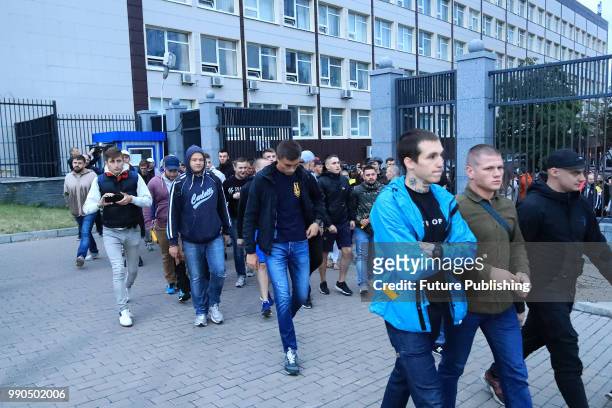 Activists gather outside the NSC Olimpiyskiy for the Oleh, Ukraina z toboiu! action held in support of Ukrainian filmmaker Oleh Sentsov who is...