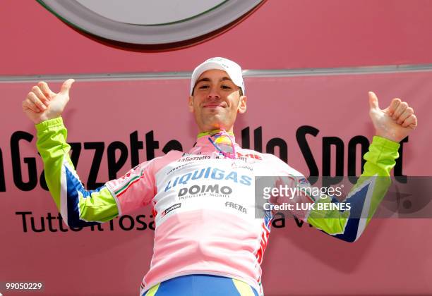 Italia's Vincenzo Nibali of the Liquigas-Doimo team celebrates after winning the fourth stage of the 93rd Giro d'Italia, in Cuneo on May 12, 2010....