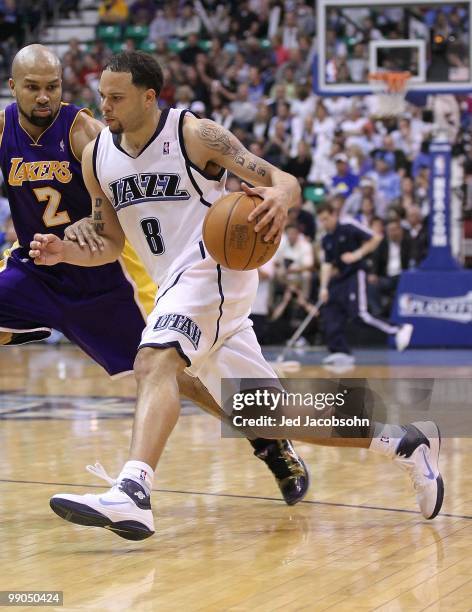 Deron Williams of the Utah Jazz in action against the Los Angeles Lakers during Game Four of the Western Conference Semifinals of the 2010 NBA...