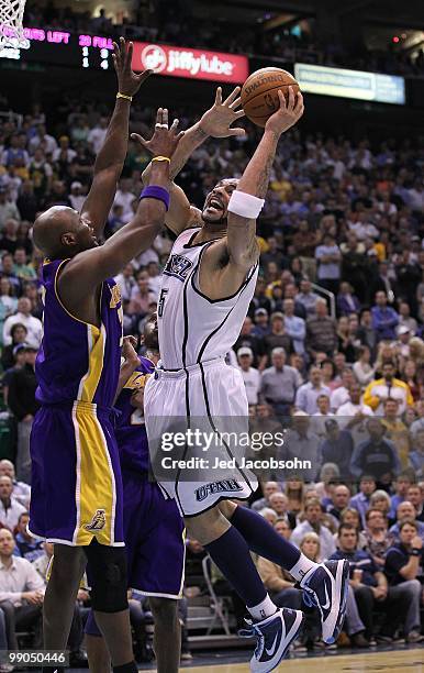 Carlos Boozer of the Utah Jazz shoots against the Los Angeles Lakers during Game Four of the Western Conference Semifinals of the 2010 NBA Playoffs...