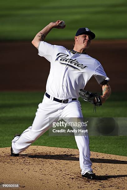 Pitcher Mat Latos of the San Diego Padres throws against the Milwaukee Brewers at Petco Park on Saturday, May 1, 2010 in San Diego, California. The...