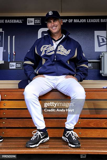 Manager Bud Black of the San Diego Padres in the dugout prior to the game against the Milwaukee Brewers at Petco Park on Saturday, May 1, 2010 in San...