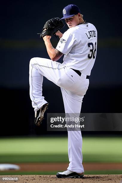 Pitcher Mat Latos of the San Diego Padres throws against the Milwaukee Brewers at Petco Park on Saturday, May 1, 2010 in San Diego, California. The...