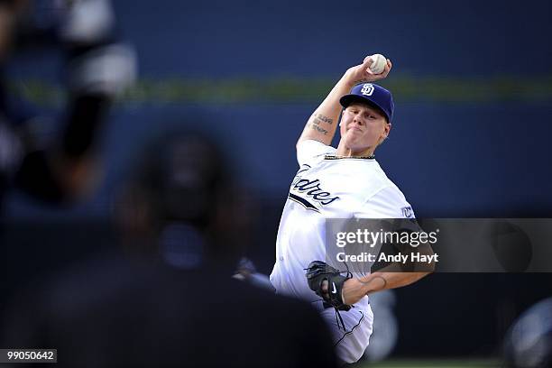 Pitcher Mat Latos of the San Diego Padres throws against the Milwaukee Brewers at Petco Park on Saturday, May 1, 2010 in San Diego, California. The...