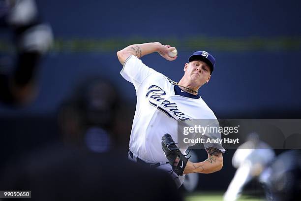 Pitcher Mat Latos of the San Diego Padres throws against the Milwaukee Brewers at Petco Park on Saturday, May 1, 2010 in San Diego, California. The...