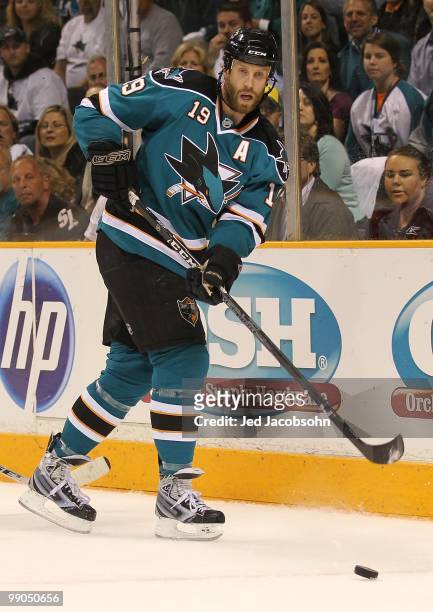 Joe Thornton of the San Jose Sharks in action against the Detroit Red Wings in Game Five of the Western Conference Semifinals during the 2010 NHL...