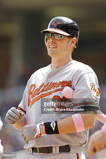 Matt Wieters of the Baltimore Orioles prepares to bat against the Minnesota Twins with his pink bat as part of the Mother's Day campaign against...