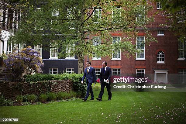 Prime Minister David Cameron and Deputy Prime Minister Nick Clegg hold their first joint press conference at Downing Street at Downing Street on May...