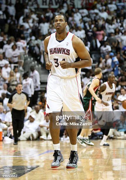 Center Jason Collins of the Atlanta Hawks gets into position during Game Seven of the Eastern Conference Quarterfinals between the Milwaukee Bucks...