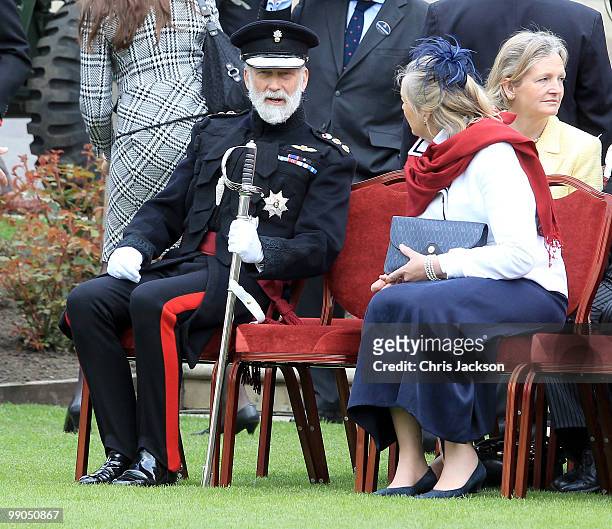 Prince Michael of Kent talks to a guest before the arrival of Queen Elizabeth II at the review of the Company of Pikemen and Musketeers at HAC...