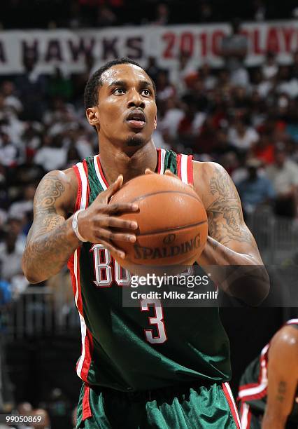 Guard Brandon Jennings of the Milwaukee Bucks gets set to shoot a free throw during Game Seven of the Eastern Conference Quarterfinals between the...