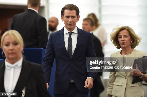 Austrian Chancellor Sebastian Kurz arrives for the presentation of the programme of activities of the Austrian Presidency during a plenary session at...