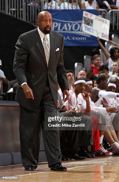 Atlanta Hawks head coach Mike Woodson watches the play on the court during Game Seven of the Eastern Conference Quarterfinals between the Milwaukee...