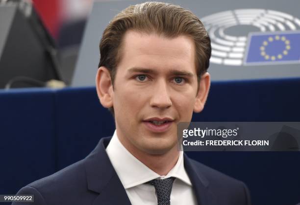 Austrian Chancellor Sebastian Kurz looks on during the presentation of the programme of activities of the Austrian Presidency during a plenary...