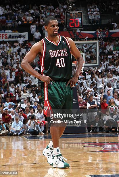 Forward Kurt Thomas of the Milwaukee Bucks takes a break on the court during Game Seven of the Eastern Conference Quarterfinals between the Milwaukee...