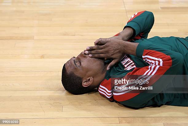 Forward Kurt Thomas of the Milwaukee Bucks takes a deep breath while stretching before Game Seven of the Eastern Conference Quarterfinals between the...