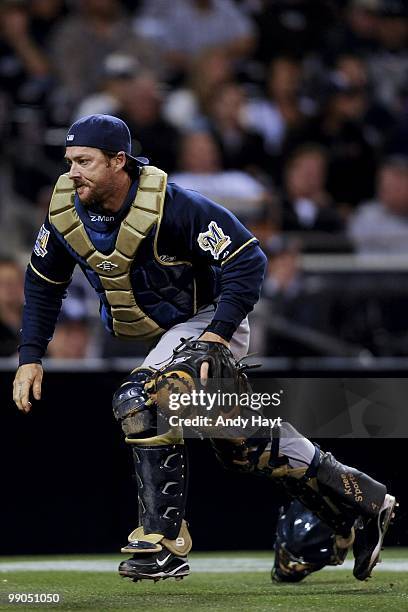 Gregg Zaun of the Milwaukee Brewers chases a passed ball against the San Diego Padres at Petco Park on Friday, April 30, 2010 in San Diego,...