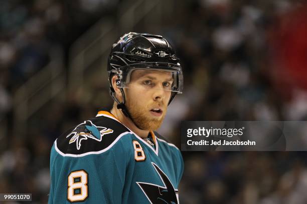 Joe Pavelski of the San Jose Sharks looks on against the Detroit Red Wings in Game Five of the Western Conference Semifinals during the 2010 NHL...