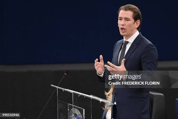 Austrian Chancellor Sebastian Kurz speaks during the presentation of the programme of activities of the Austrian Presidency during a plenary session...