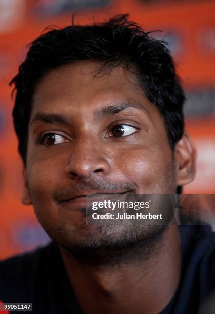 Kumar Sangakkara, captain of the Sri Lanka World Twenty20 team, speaks at a press conference at the Beausejour Cricket Ground on May 12, 2010 in Gros...