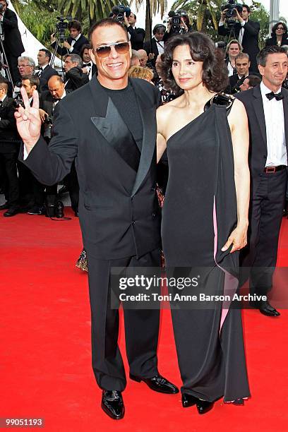 Actor Jean-Claude Van Damme and Gladys Portugues attend the Opening Night Premiere of 'Robin Hood' at the Palais des Festivals during the 63rd Annual...