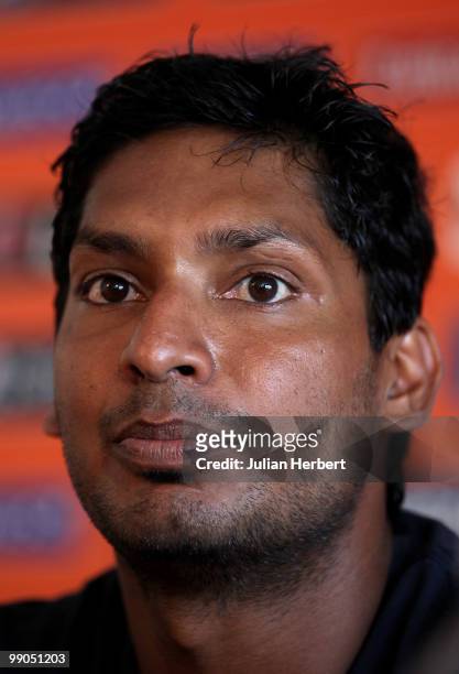 Kumar Sangakkara, captain of the Sri Lanka World Twenty20 team, speaks at a press conference at the Beausejour Cricket Ground on May 12, 2010 in Gros...