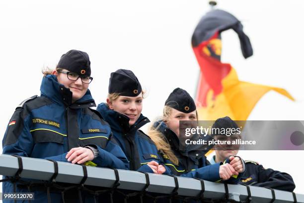 Four marine soldiers stand on board the marine ship "Hessen" at the naval base in Wilhelmshaven, Germany, 15 January 2018. The frigate "Hessen" will...