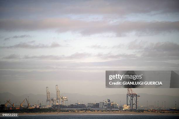 General view taken on May 12, 2010 shows the Port Elizabeth harbour from the summerstrand beach in Port Elizabeth, South Africa. Port Elizabeth will...