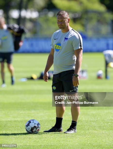 Coach Pal Dardai of Hertha BSC with ball during a training session at the Schenkendorfplatz on July 3, 2018 in Berlin, Germany.