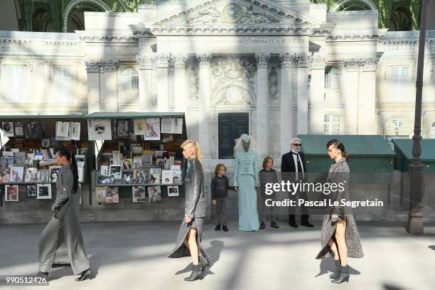 Karl Lagerfeld greets the audience on the runway during the Chanel Haute Couture Fall Winter 2018/2019 show as part of Paris Fashion Week on July 3,...