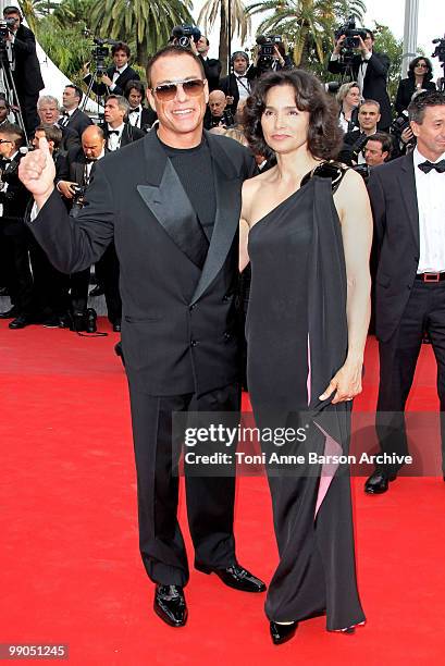 Actor Jean-Claude Van Damme and Gladys Portugues attend the Opening Night Premiere of 'Robin Hood' at the Palais des Festivals during the 63rd Annual...