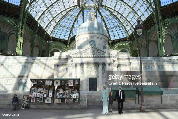 Karl Lagerfeld greets the audience on the runway during the Chanel Haute Couture Fall Winter 2018/2019 show as part of Paris Fashion Week on July 3,...