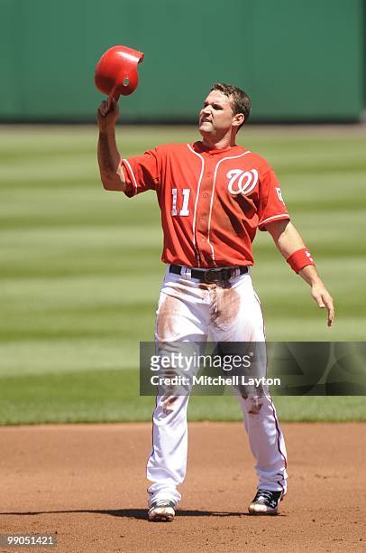 Ryan Zimmerman of the Washington Nationals looks on during a baseball game against the Florida Marlins on May 8, 2010 at Nationals Park in...